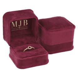 Views of the burgundy velvet jewellery box for Rings CHA1S-BU, 58x58x49 mm, gold MJB logo inside the lid