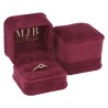 Views of the burgundy velvet jewellery box for Rings CHA1S-BU, 58x58x49 mm, gold MJB logo inside the lid
