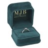 Open bottle green velvet jewellery box CHA1S-V holding a stone-set ring, gold MJB logo inside the lid