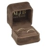 Open brown velvet jewellery box CHA1A-M holding two wedding bands, gold MJB logo inside the lid