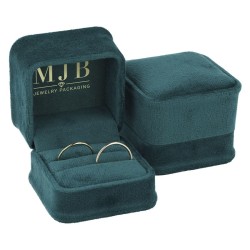 Views of the bottle green velvet jewellery box for Wedding Rings CHA1A-V, 58x58x49 mm, gold MJB logo inside the lid