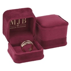 Views of the burgundy velvet jewellery box for Signet Rings CHA1SP-BU, 58x58x49 mm, gold MJB logo inside the lid