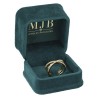 Open bottle green velvet jewellery box CHA1SP-V holding a wide signet ring, gold MJB logo inside the lid