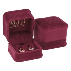 Views of the burgundy velvet jewellery box for Earrings CHA1P-BU, 58x58x49 mm, gold MJB logo inside the lid