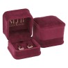 Views of the burgundy velvet jewellery box for Earrings CHA1P-BU, 58x58x49 mm, gold MJB logo inside the lid