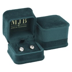 Views of the bottle green velvet jewellery box for Earrings CHA1P-V, 58x58x49 mm, gold MJB logo inside the lid