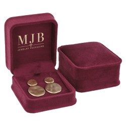 Views of the burgundy velvet jewellery box for Earrings CHA2P-BU, 71x83x44 mm, gold MJB logo inside the lid