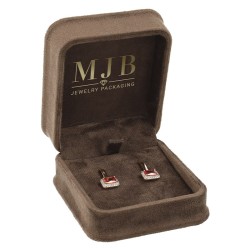 Open brown velvet jewellery box CHA2P-M holding a pair of drop earrings, gold MJB logo inside the lid