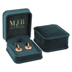 Views of the bottle green velvet jewellery box for Earrings CHA2P-V, 71x83x44 mm, gold MJB logo inside the lid