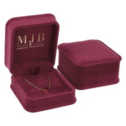 Views of the burgundy velvet jewellery box for Pendants CHA2C-BU, 71x83x44 mm, gold MJB logo inside the lid