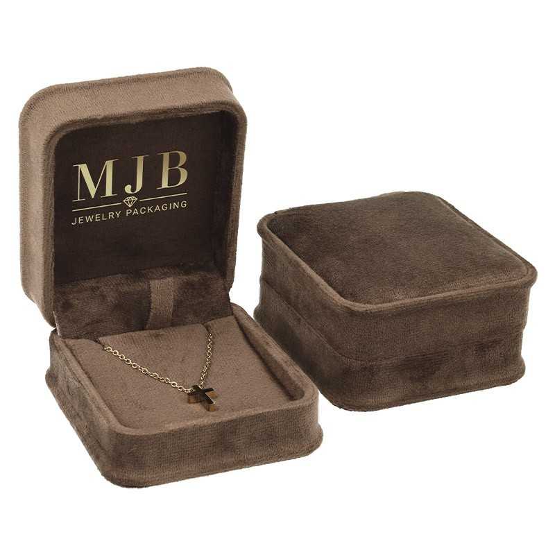 Views of the brown velvet jewellery box for Pendants CHA2C-M, 71x83x44 mm, gold MJB logo inside the lid