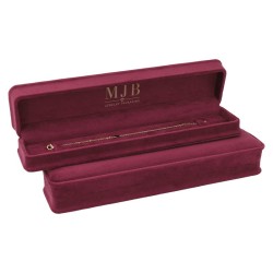 Viste dell'astuccio per bracciali CHA4PE-BU in velluto bordeaux con logo MJB dorato sul coperchio
