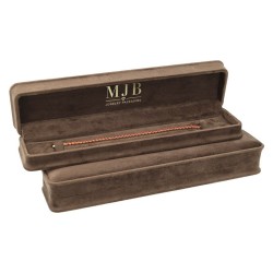 Open brown velvet jewellery box CHA4PE-M holding a fine chain bracelet, gold MJB logo inside the lid