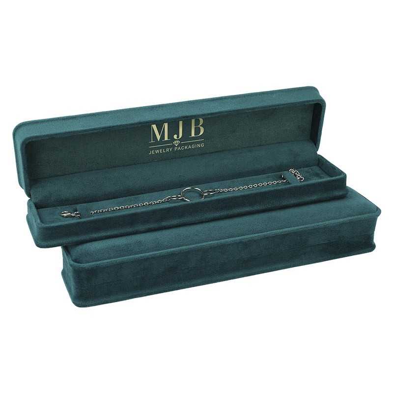 Dos vistas del estuche para Pulseras CHA4PE-V en terciopelo verde con el logotipo dorado MJB en la tapa