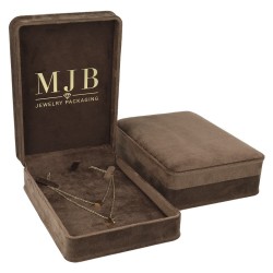 Views of the brown velvet jewellery box for Necklaces CHA5C-M, 114x162x50 mm, gold MJB logo inside the lid