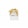 Bolsa de papel blanca para joyería con lazo dorado 120x150x65 mm, vista frontal · BPL120B