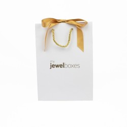 White paper jewellery bag with gold ribbon 180x250x100 mm, front view · BPL180B