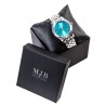 Caja para Reloj 90×90×75 mm - WAS10-N, color negro, abierta con una joya, logotipo plateado MyJewelBoxes