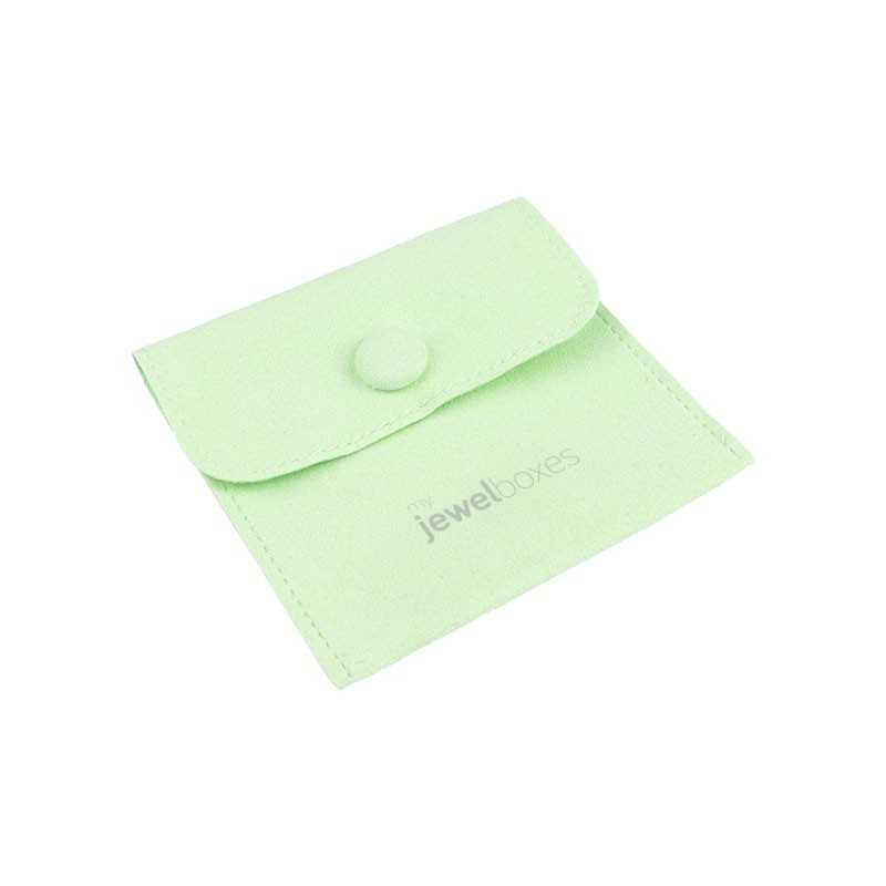 Bolsa de microfibra com botão menta com logótipo MyJewelBoxes, fechada - MF2-ME 79×79 mm