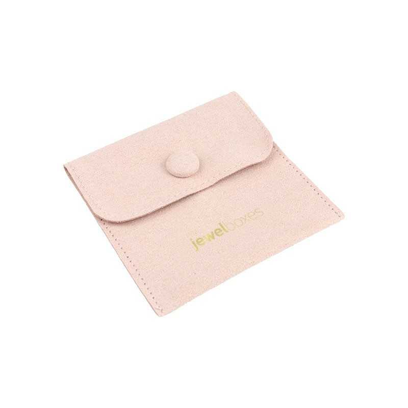 Microfibre button pouch, dusty pink, with MyJewelBoxes logo, closed - MF2-RE 79×79 mm