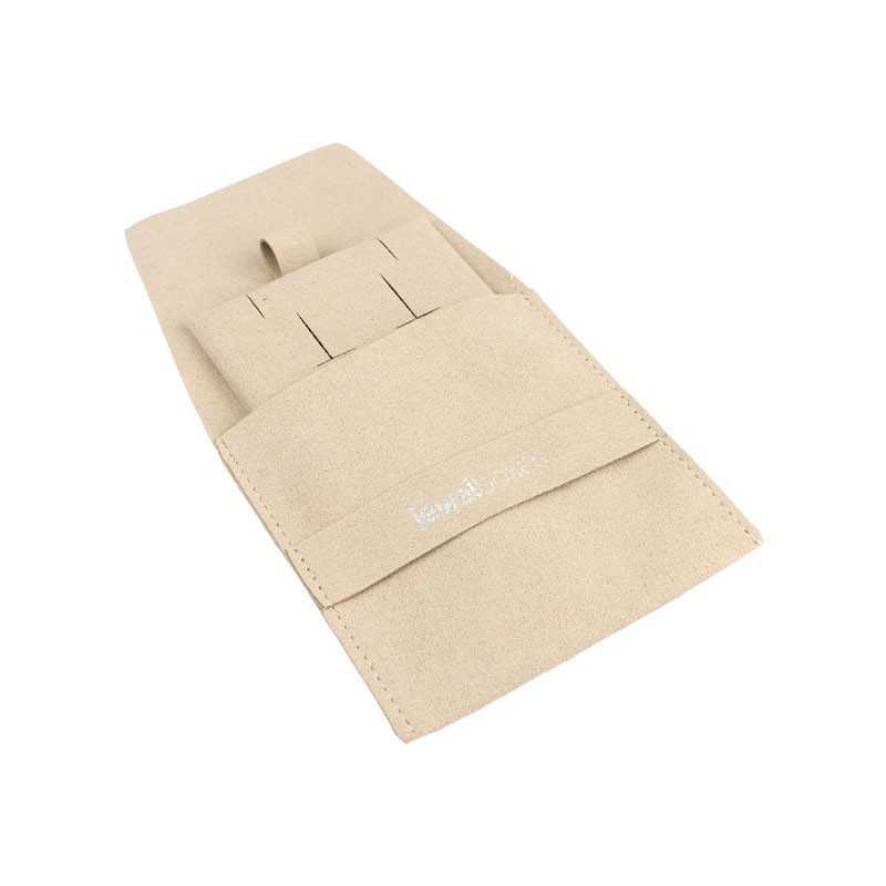 Microfibre ribbon pouch, sand, open with the pad for omega earrings and pendants inside - MF1-AR-TMF2