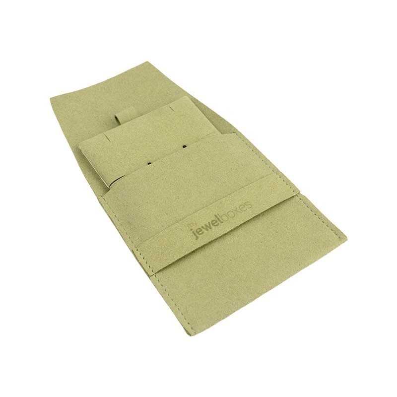 Microfibre ribbon pouch, khaki, open with the pad for earrings and pendants inside - MF1-CQ-TMF1