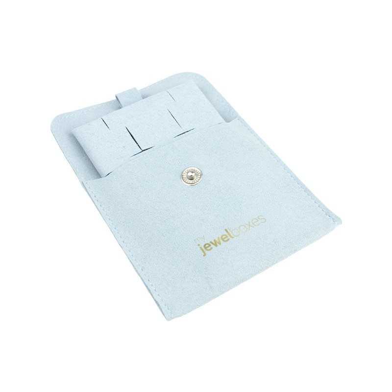 Microfibre button pouch, light blue, open with the pad for omega earrings and pendants inside - MF2-AC-TMF2