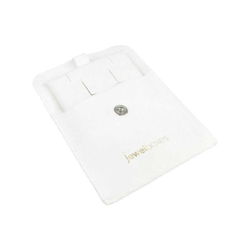 Bolsa de microfibra com botão branco aberta com o suporte para brincos ómega e pendentes - MF2-B-TMF2