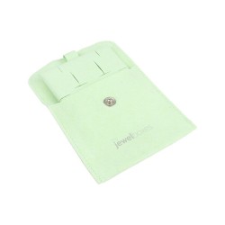 Sacchetto in microfibra con bottone menta aperto con il supporto per orecchini omega e ciondoli - MF2-ME-TMF2