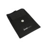 Bolsa de microfibra con botón negro abierta con el taco para pendientes omega y colgante dentro - MF2-N-TMF2