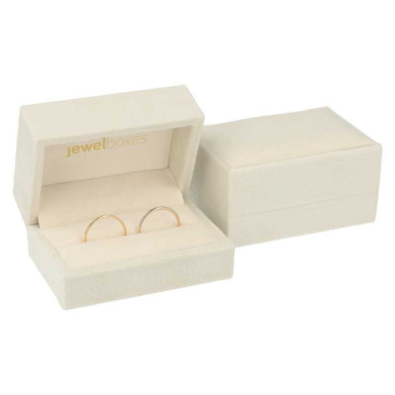 Écrin pour alliances en velours beige avec logo doré MyJewelBoxes, ouvert et fermé - VEL4A-BE