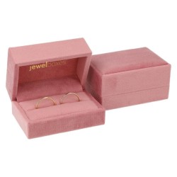 Écrin pour alliances en velours rose avec logo doré MyJewelBoxes, ouvert et fermé - VEL4A-R