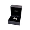 Black faux-leather box for ring with silver MyJewelBoxes logo, open - MIS10P 70×70×50 mm