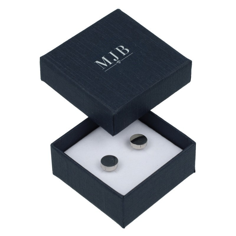 Oorbellendoosje 50×50×23 mm - WAS0-A, blauw, open met een sieraad, zilverkleurig MyJewelBoxes-logo