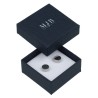 Oorbellendoosje 50×50×23 mm - WAS0-A, blauw, open met een sieraad, zilverkleurig MyJewelBoxes-logo