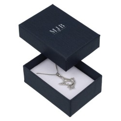 Oorbellendoosje 50×70×25 mm - WAS4-A, blauw, open met een sieraad, zilverkleurig MyJewelBoxes-logo