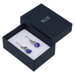 Oorbellendoosje 50×70×25 mm - WAS4-A, blauw, open met een sieraad, zilverkleurig MyJewelBoxes-logo