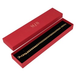 Armbanddoosje 233×53×27 mm - WAS6-R, rood, open met een sieraad, goudkleurig MyJewelBoxes-logo