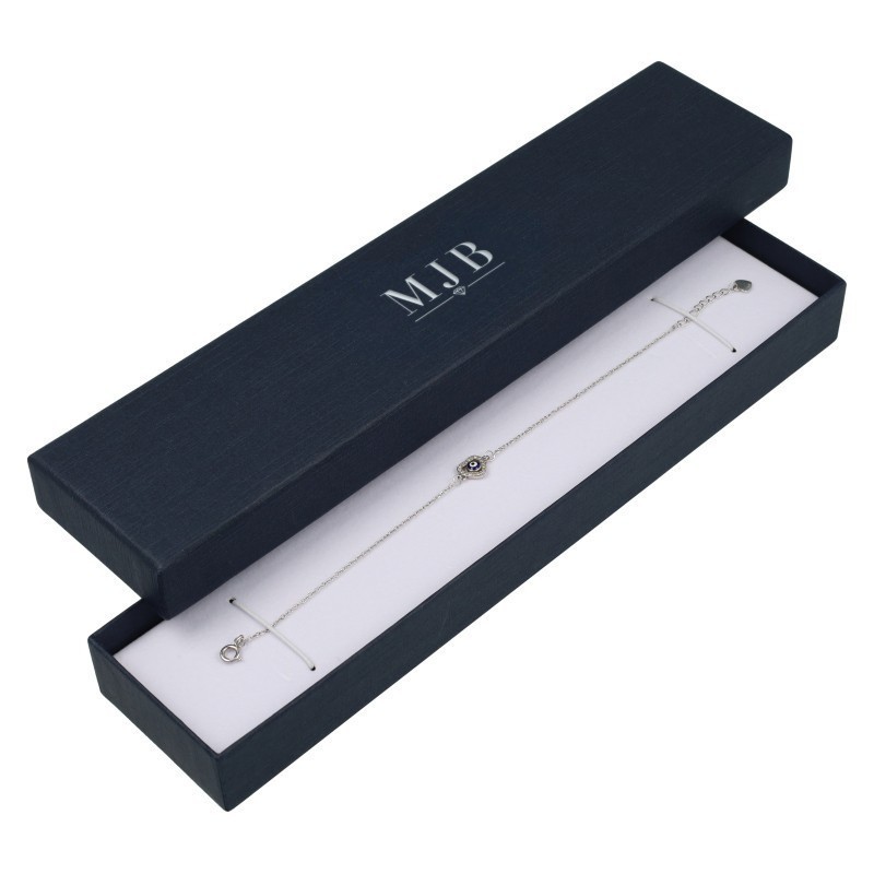 Armbanddoosje 233×53×27 mm - WAS6-A, blauw, open met een sieraad, zilverkleurig MyJewelBoxes-logo