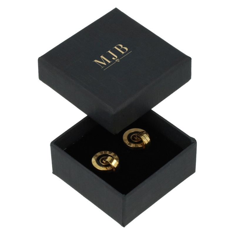 Caja Washington para Joyería pendientes 50x50x23 mm · Negro · al por Mayor · PMWAS0-N, abierta, logotipo dorado MyJewelBoxes