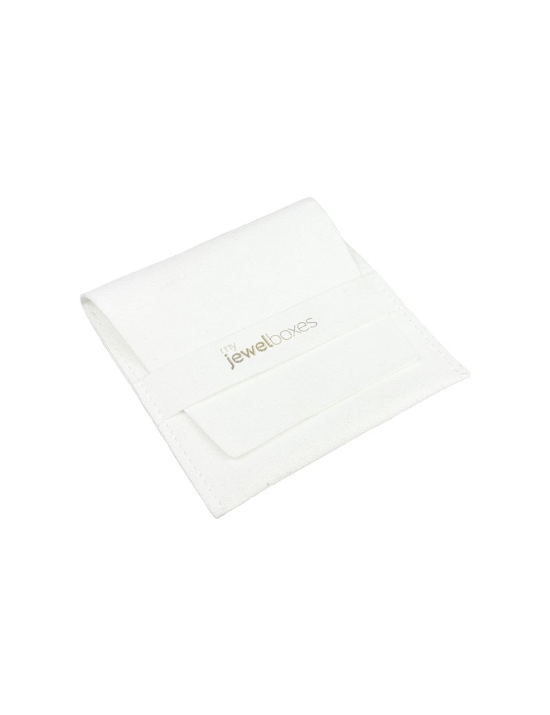 Bolsita para joyas de microfibra blanco con logo y cierre seguro, ideal para colgantes o pulseras