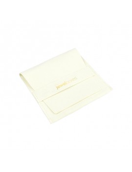 Bolsita para joyas de microfibra color marfil con logo y cierre seguro, ideal para colgantes o pulseras