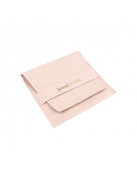 Bolsita para joyas de microfibra rosa empolvado con logo y cierre seguro, ideal para colgantes o pulseras