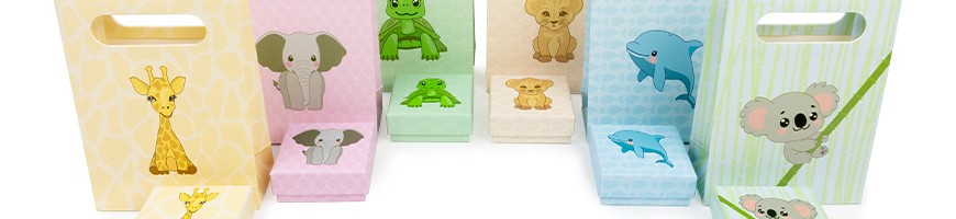 Boxes and bags with children’s designs for jewellery and children’s jewellery